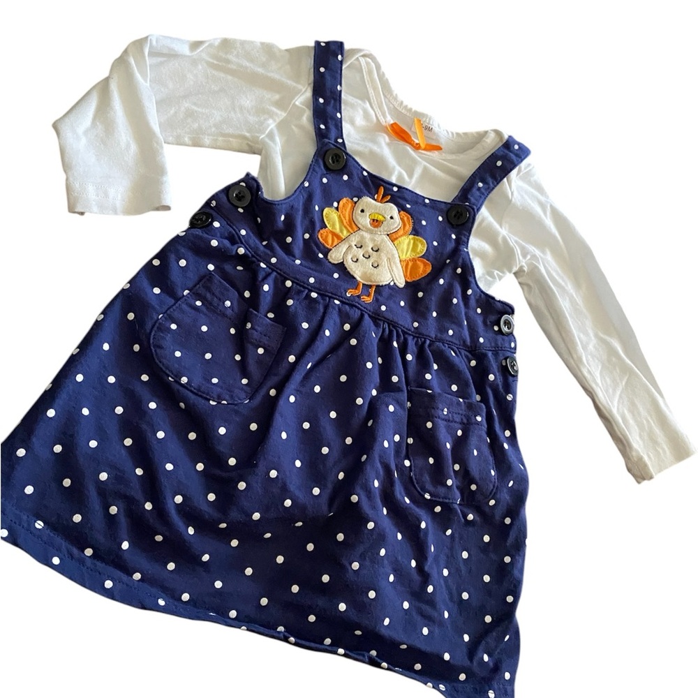 Navy Polka Dot Dress with Turkey Applique